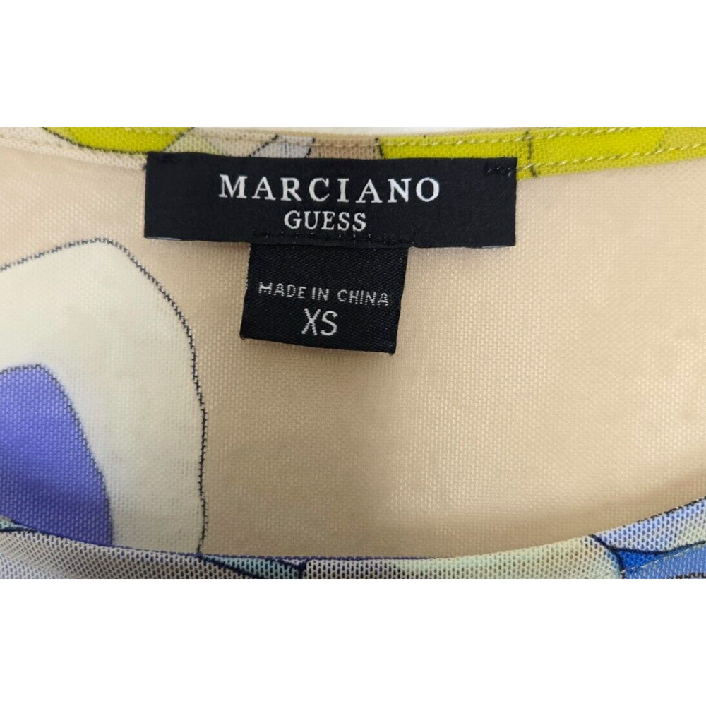 Marciano Guess‎ Womens Anouk Mesh Top XS Yellow Blue Floral Sheer Sexy Baby Tee - Picture 3 of 10
